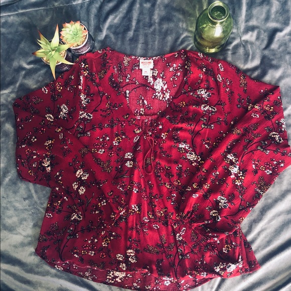 MOSSIMO - SZ XL BURGUNDY FLORAL BLOUSE - Picture 2 of 7